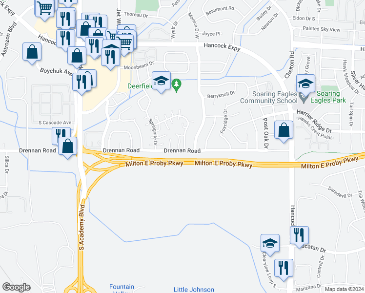 map of restaurants, bars, coffee shops, grocery stores, and more near 4355 Deerfield Hills Road in Colorado Springs
