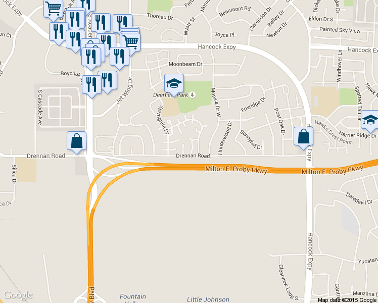 map of restaurants, bars, coffee shops, grocery stores, and more near 4230 Drennan Road in Colorado Springs