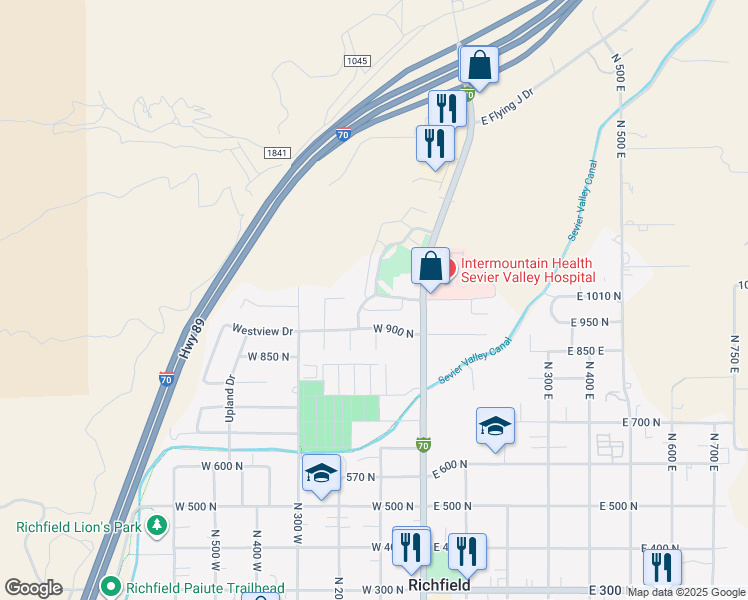 map of restaurants, bars, coffee shops, grocery stores, and more near 1029 North Plaza Drive in Richfield