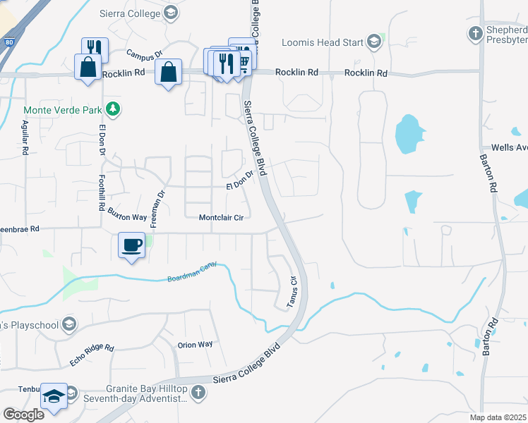 map of restaurants, bars, coffee shops, grocery stores, and more near 5367 Brookfield Circle in Rocklin