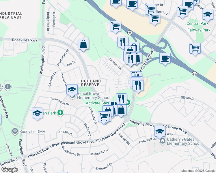 map of restaurants, bars, coffee shops, grocery stores, and more near 172 Clydesdale Way in Roseville
