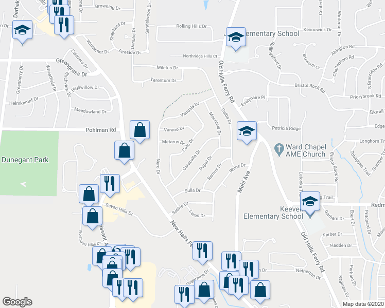 map of restaurants, bars, coffee shops, grocery stores, and more near 4453 Caracalla Drive in Florissant