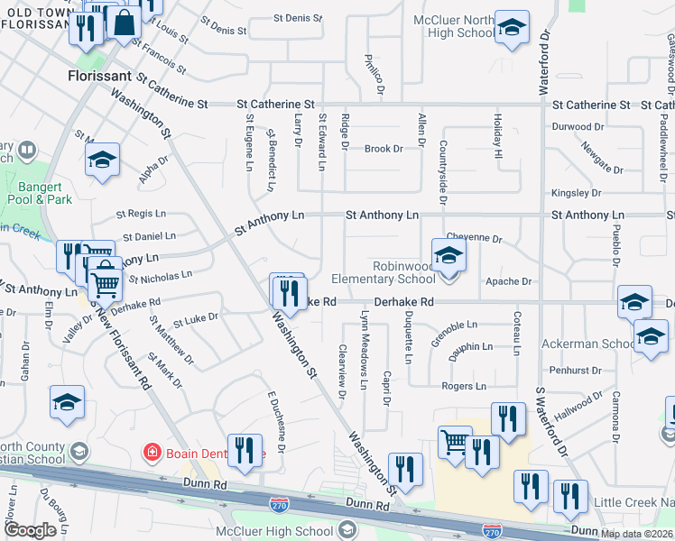 map of restaurants, bars, coffee shops, grocery stores, and more near 190 Saint Edward Lane in Florissant