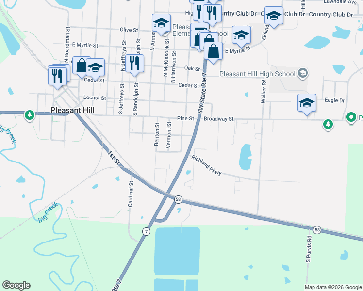 map of restaurants, bars, coffee shops, grocery stores, and more near 401 Cline Street in Pleasant Hill