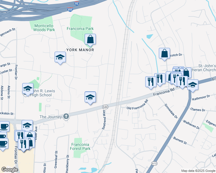 map of restaurants, bars, coffee shops, grocery stores, and more near 6305 Willowfield Way in Springfield