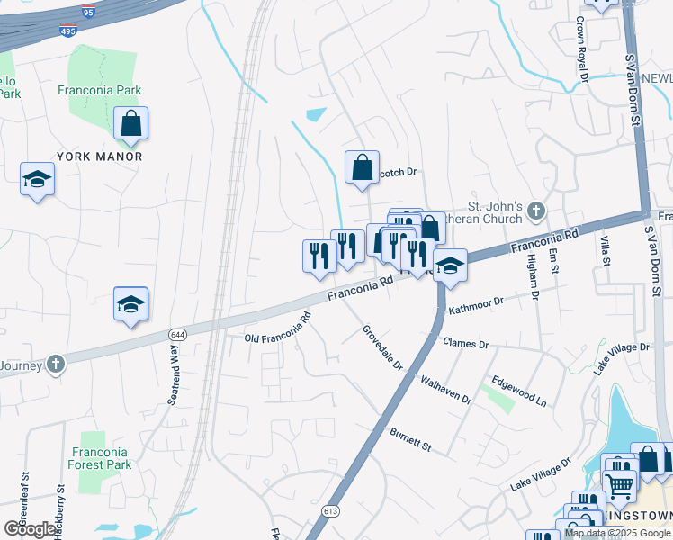 map of restaurants, bars, coffee shops, grocery stores, and more near 6209 Franconia Forest Lane in Alexandria