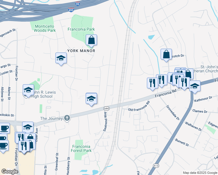 map of restaurants, bars, coffee shops, grocery stores, and more near 6305 Willowfield Way in Springfield