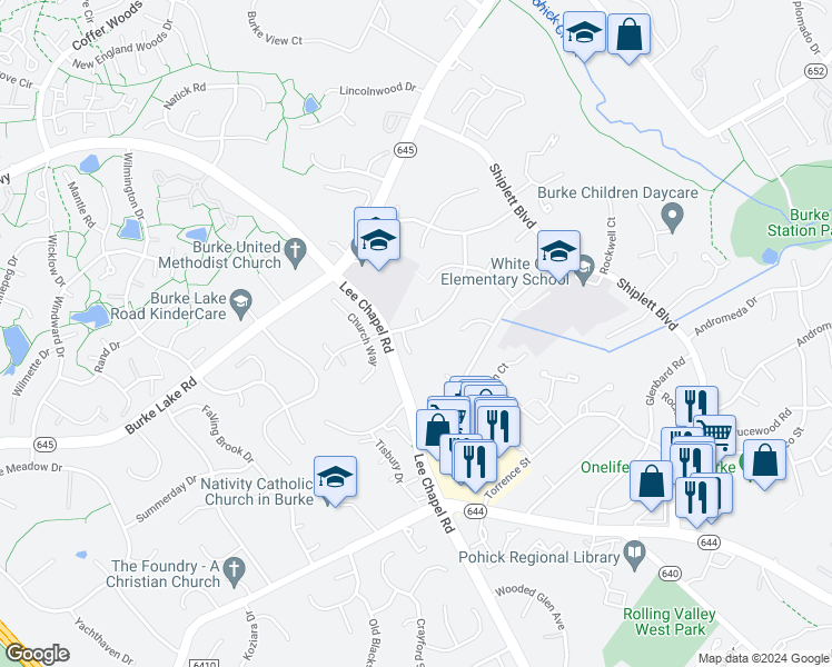 map of restaurants, bars, coffee shops, grocery stores, and more near 6129 Covered Bridge Road in Burke