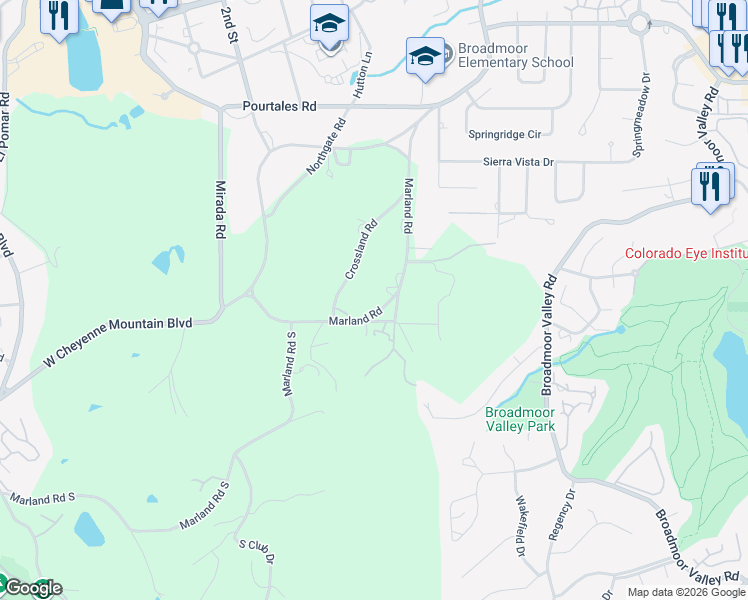 map of restaurants, bars, coffee shops, grocery stores, and more near 17 Crossland Road in Colorado Springs