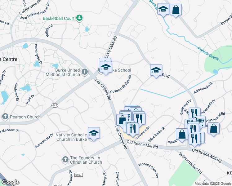 map of restaurants, bars, coffee shops, grocery stores, and more near 6129 Covered Bridge Road in Burke