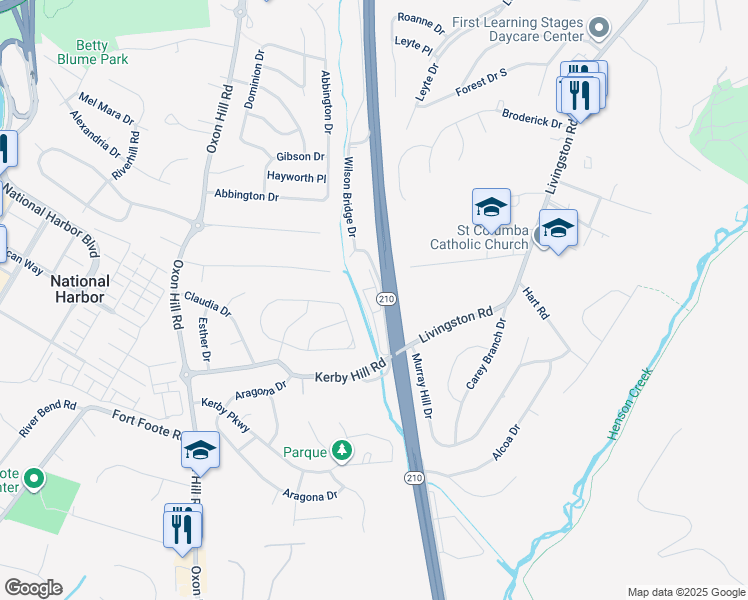 map of restaurants, bars, coffee shops, grocery stores, and more near 7907 Indian Head Highway in Oxon Hill