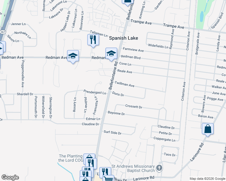map of restaurants, bars, coffee shops, grocery stores, and more near 11640 Bellefontaine Road in St. Louis