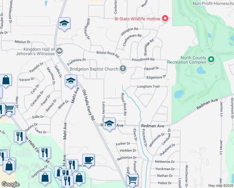 map of restaurants, bars, coffee shops, grocery stores, and more near 11424 Maridosa Trail in Florissant