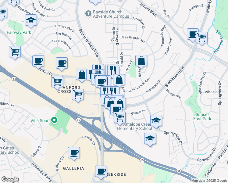 map of restaurants, bars, coffee shops, grocery stores, and more near 6681 Stanford Ranch Road in Rocklin