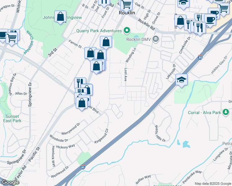 map of restaurants, bars, coffee shops, grocery stores, and more near 3955 Evelyn Avenue in Rocklin