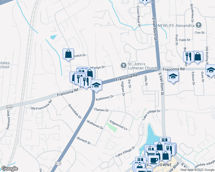 map of restaurants, bars, coffee shops, grocery stores, and more near 6025 Franconia Road in Alexandria