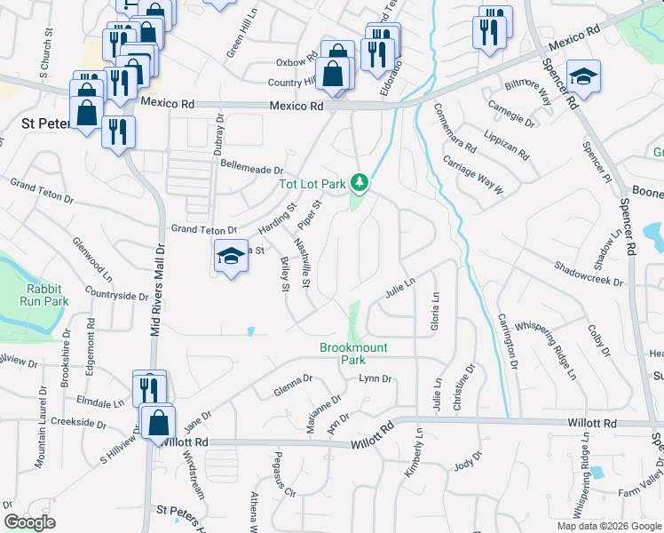 map of restaurants, bars, coffee shops, grocery stores, and more near 1233 Cashmere Lane in St. Peters