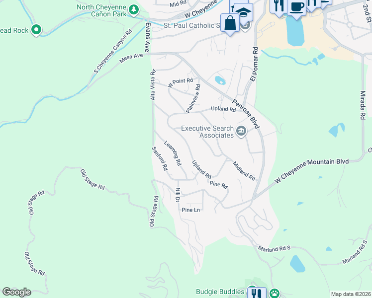 map of restaurants, bars, coffee shops, grocery stores, and more near 19 Upland Road in Colorado Springs