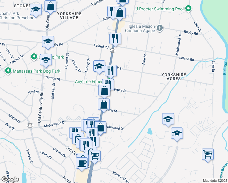 map of restaurants, bars, coffee shops, grocery stores, and more near 8219 Spruce Street in Manassas