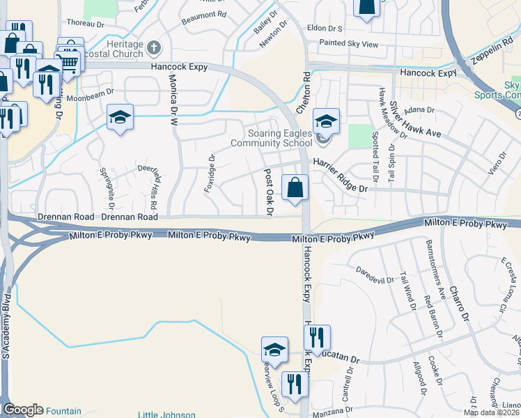 map of restaurants, bars, coffee shops, grocery stores, and more near 3420 Galleria Terrace in Colorado Springs