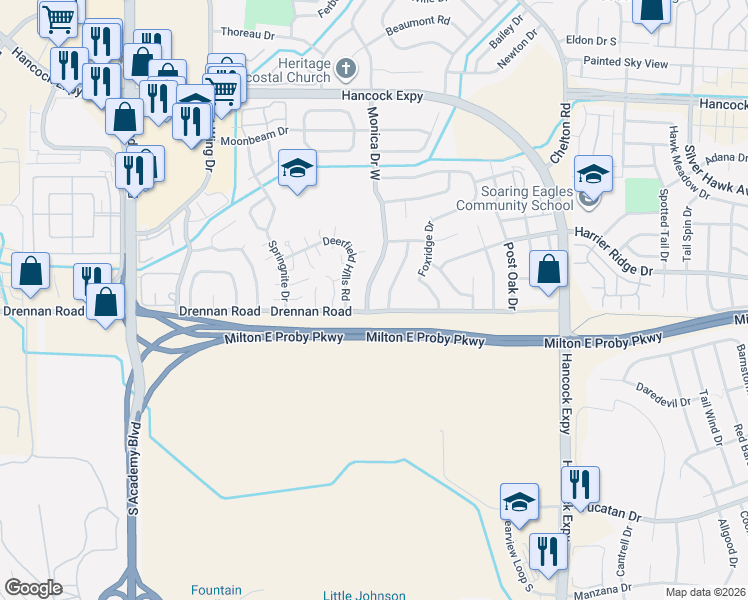 map of restaurants, bars, coffee shops, grocery stores, and more near 3456 Hunterwood Drive in Colorado Springs