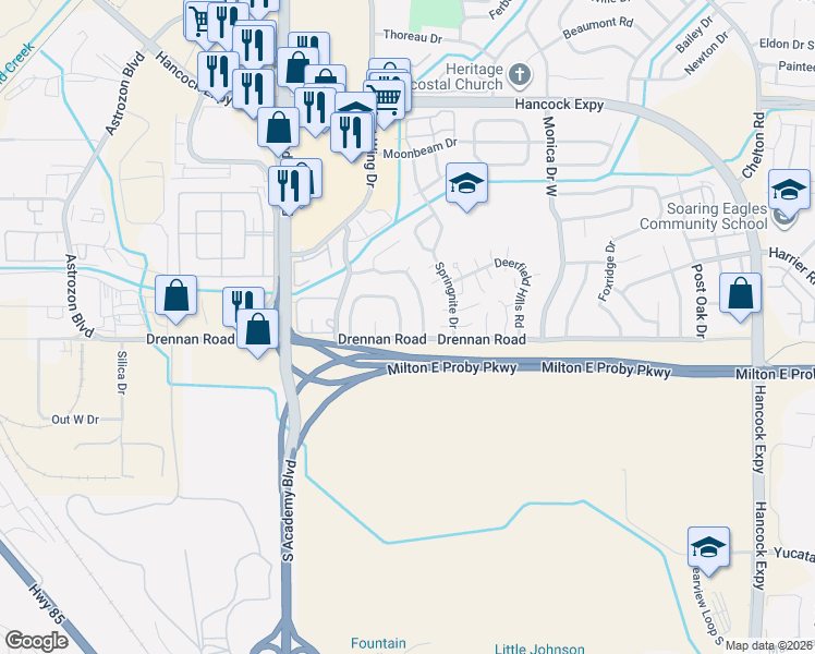 map of restaurants, bars, coffee shops, grocery stores, and more near 4081 Colony Hills Circle in Colorado Springs