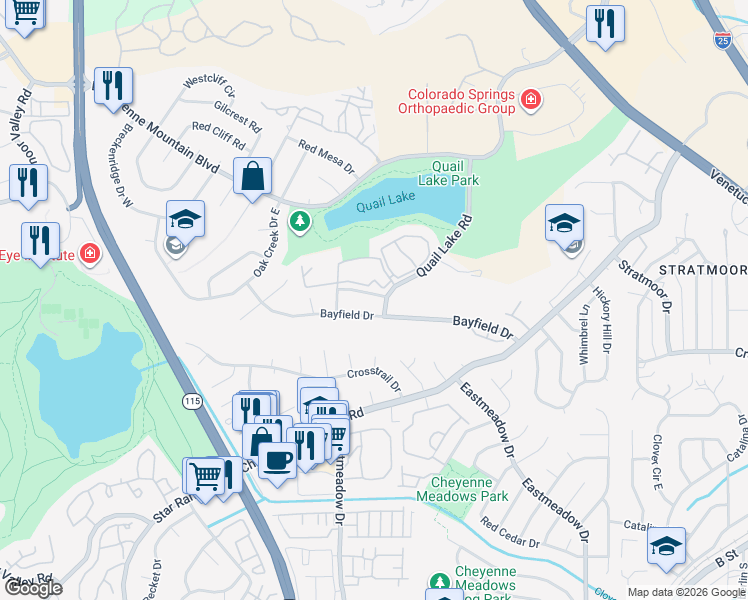 map of restaurants, bars, coffee shops, grocery stores, and more near in Colorado Springs