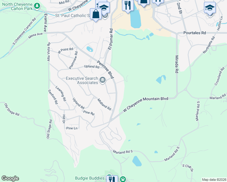 map of restaurants, bars, coffee shops, grocery stores, and more near 526 Penrose Boulevard in Colorado Springs
