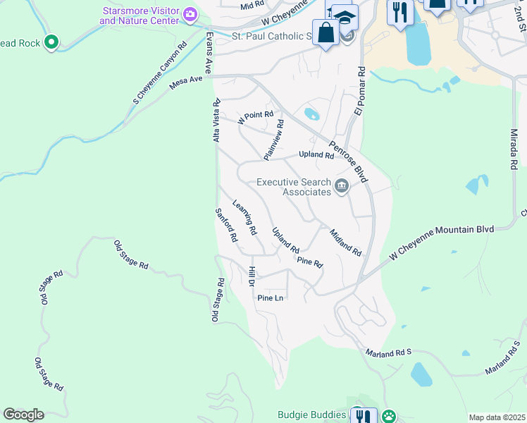 map of restaurants, bars, coffee shops, grocery stores, and more near 19 Upland Road in Colorado Springs