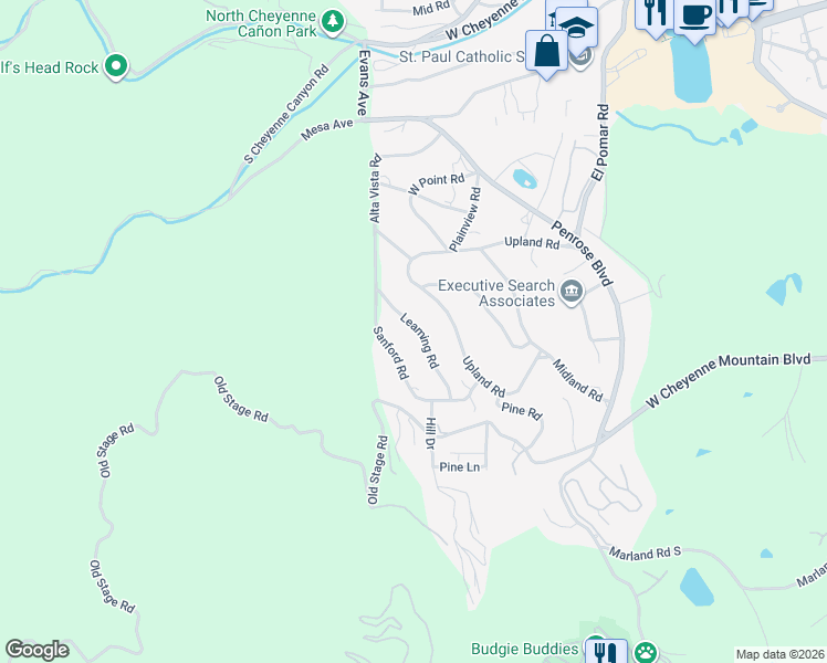 map of restaurants, bars, coffee shops, grocery stores, and more near 17 Leaming Road in Colorado Springs