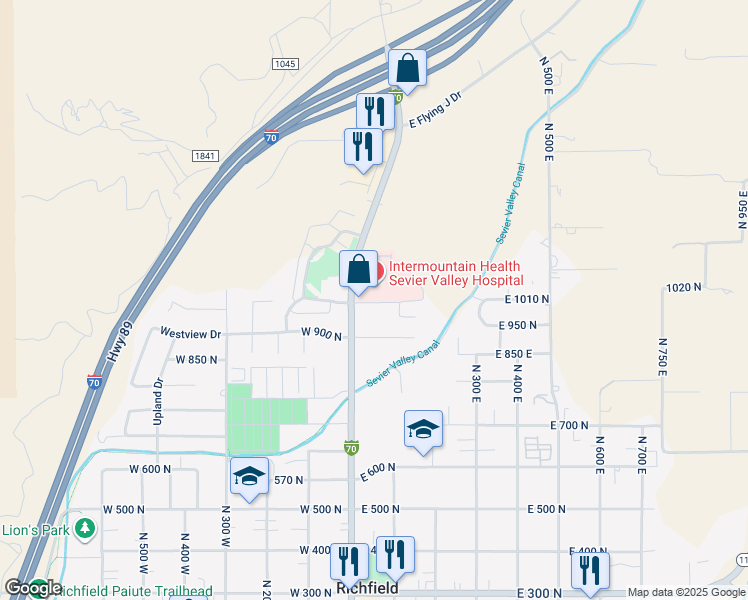 map of restaurants, bars, coffee shops, grocery stores, and more near 1000n North Main Street in Richfield
