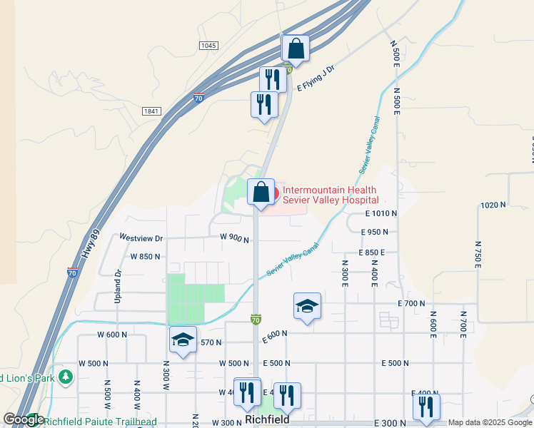 map of restaurants, bars, coffee shops, grocery stores, and more near 1000n North Main Street in Richfield