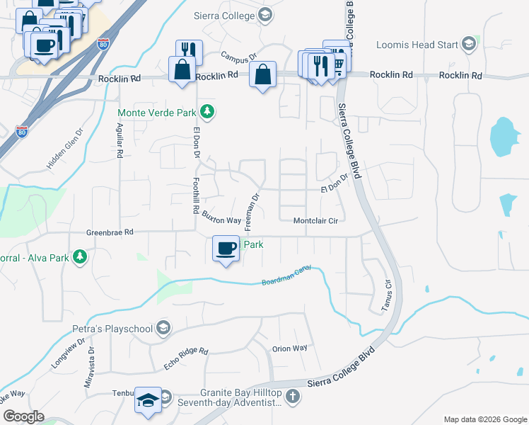 map of restaurants, bars, coffee shops, grocery stores, and more near 4909 Dewey Court in Rocklin