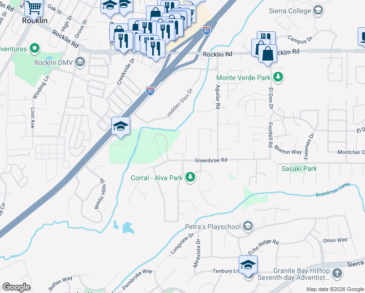 map of restaurants, bars, coffee shops, grocery stores, and more near 5880 Green Mountain Lane in Rocklin
