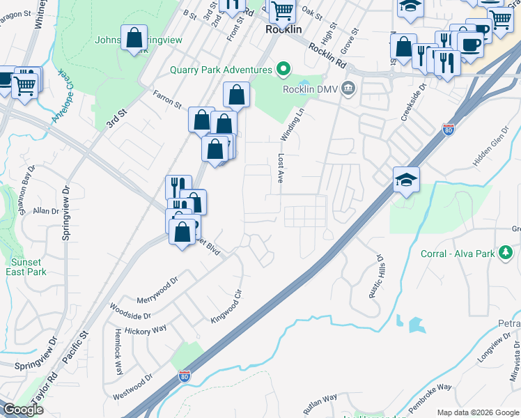 map of restaurants, bars, coffee shops, grocery stores, and more near 3955 Evelyn Avenue in Rocklin