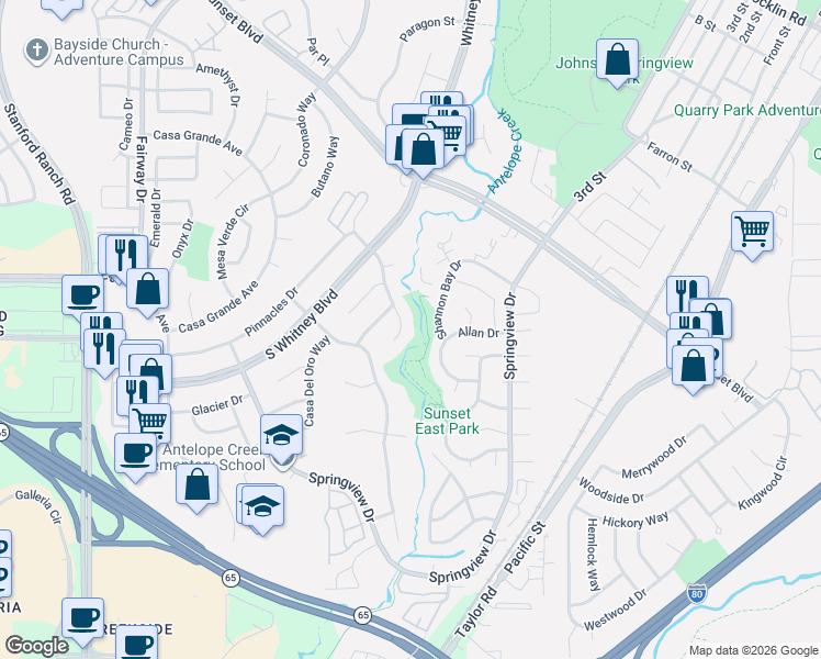 map of restaurants, bars, coffee shops, grocery stores, and more near 6025 Bryce Way in Rocklin