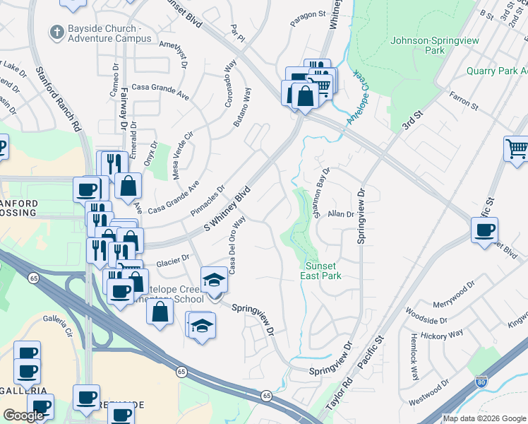 map of restaurants, bars, coffee shops, grocery stores, and more near 2640 Angeles Court in Rocklin