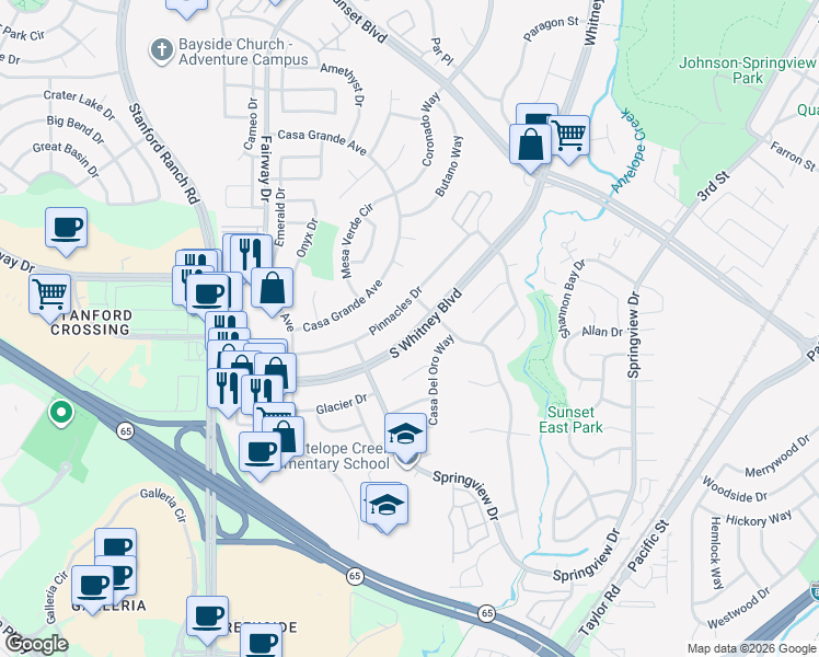 map of restaurants, bars, coffee shops, grocery stores, and more near 2456 Pinnacles Drive in Rocklin