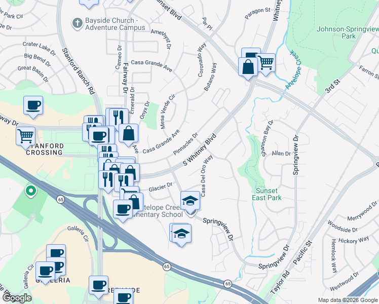 map of restaurants, bars, coffee shops, grocery stores, and more near 2456 Pinnacles Drive in Rocklin