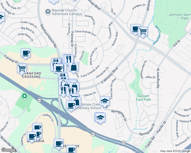 map of restaurants, bars, coffee shops, grocery stores, and more near 5855 Casa Grande Avenue in Rocklin