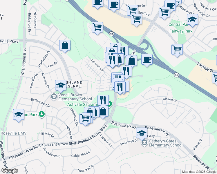 map of restaurants, bars, coffee shops, grocery stores, and more near 37 Villa Gardens Court in Roseville