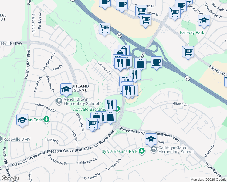 map of restaurants, bars, coffee shops, grocery stores, and more near 37 Villa Gardens Court in Roseville