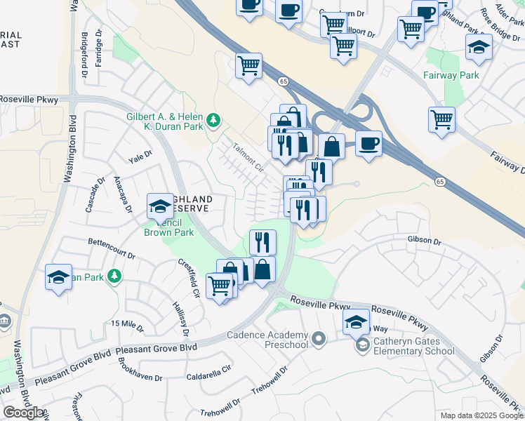 map of restaurants, bars, coffee shops, grocery stores, and more near 37 Villa Gardens Court in Roseville