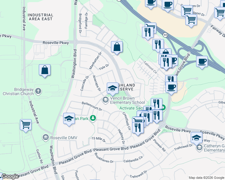 map of restaurants, bars, coffee shops, grocery stores, and more near 341 Brennen Circle in Roseville