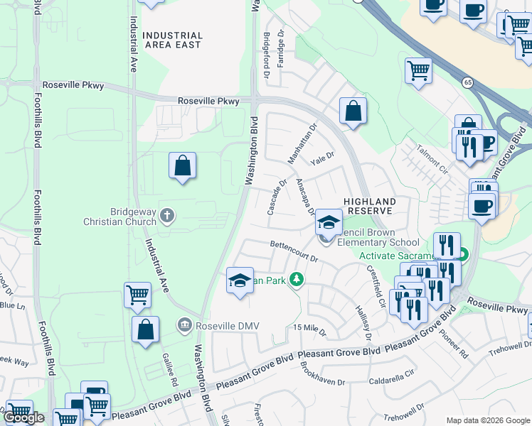 map of restaurants, bars, coffee shops, grocery stores, and more near 35 Camelot Court in Roseville
