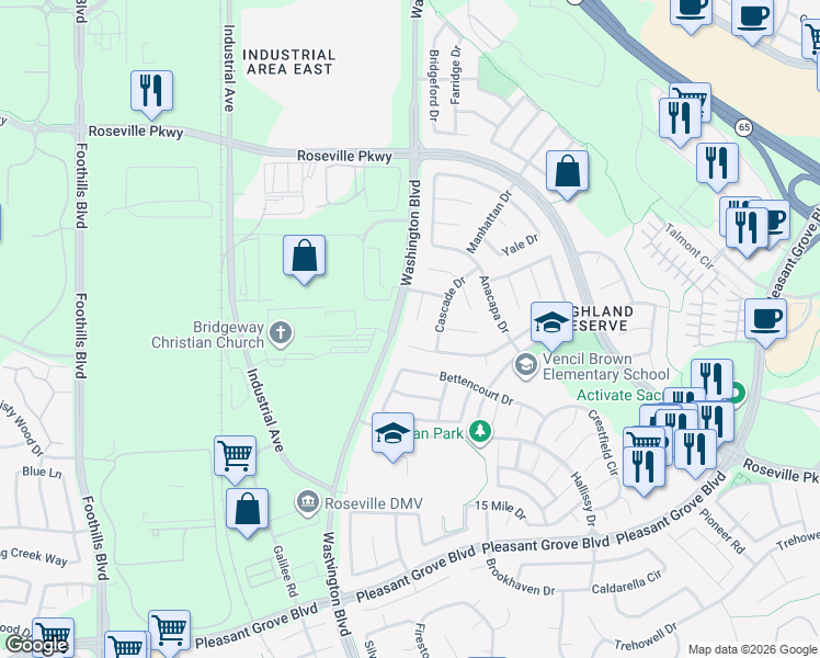 map of restaurants, bars, coffee shops, grocery stores, and more near 35 Camelot Court in Roseville