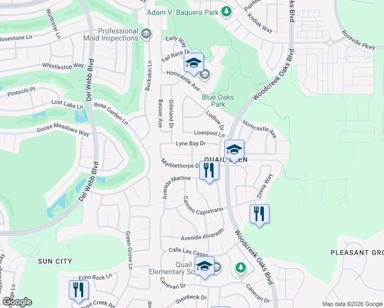 map of restaurants, bars, coffee shops, grocery stores, and more near 7175 Lyne Bay Drive in Roseville