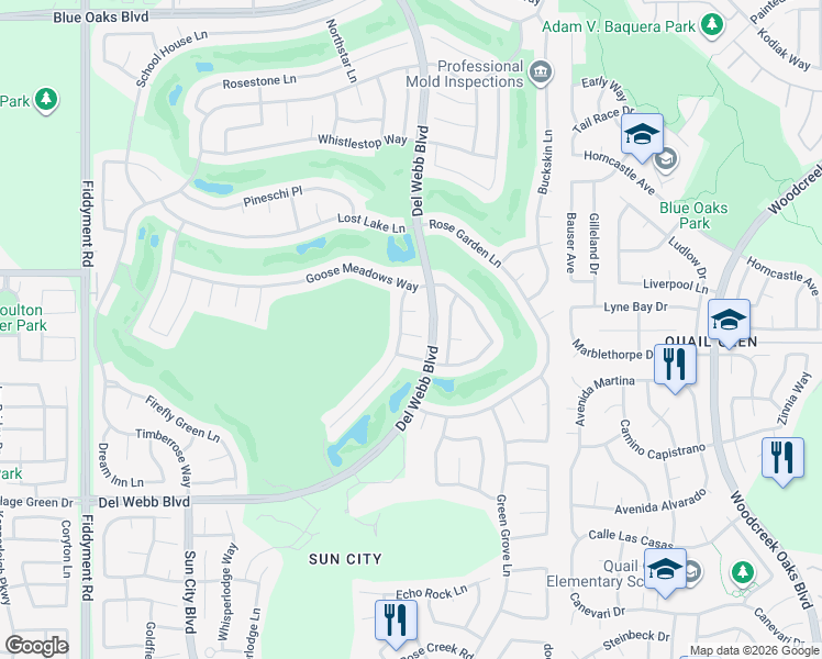 map of restaurants, bars, coffee shops, grocery stores, and more near 424 Roan Court in Roseville