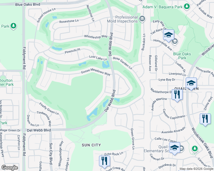 map of restaurants, bars, coffee shops, grocery stores, and more near 424 Roan Court in Roseville