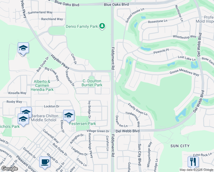 map of restaurants, bars, coffee shops, grocery stores, and more near 2448 Rockrose Circle in Roseville